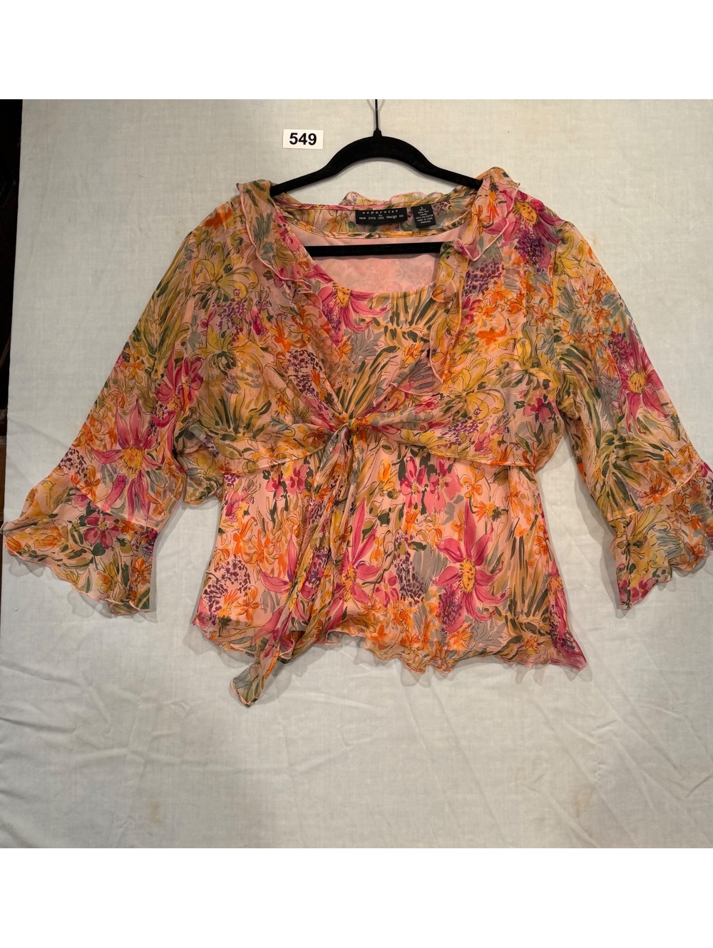 Separates 100% Silk Floral Boho Ruffle Tie Front Blouse Women’s L